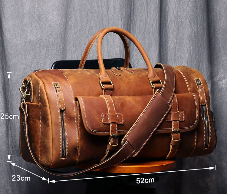 Large Weekend Tote Bag for Men, Vintage Crazy Horse Leather Travel Duffle, Genuine Leather Large Luggage Carry Bag
