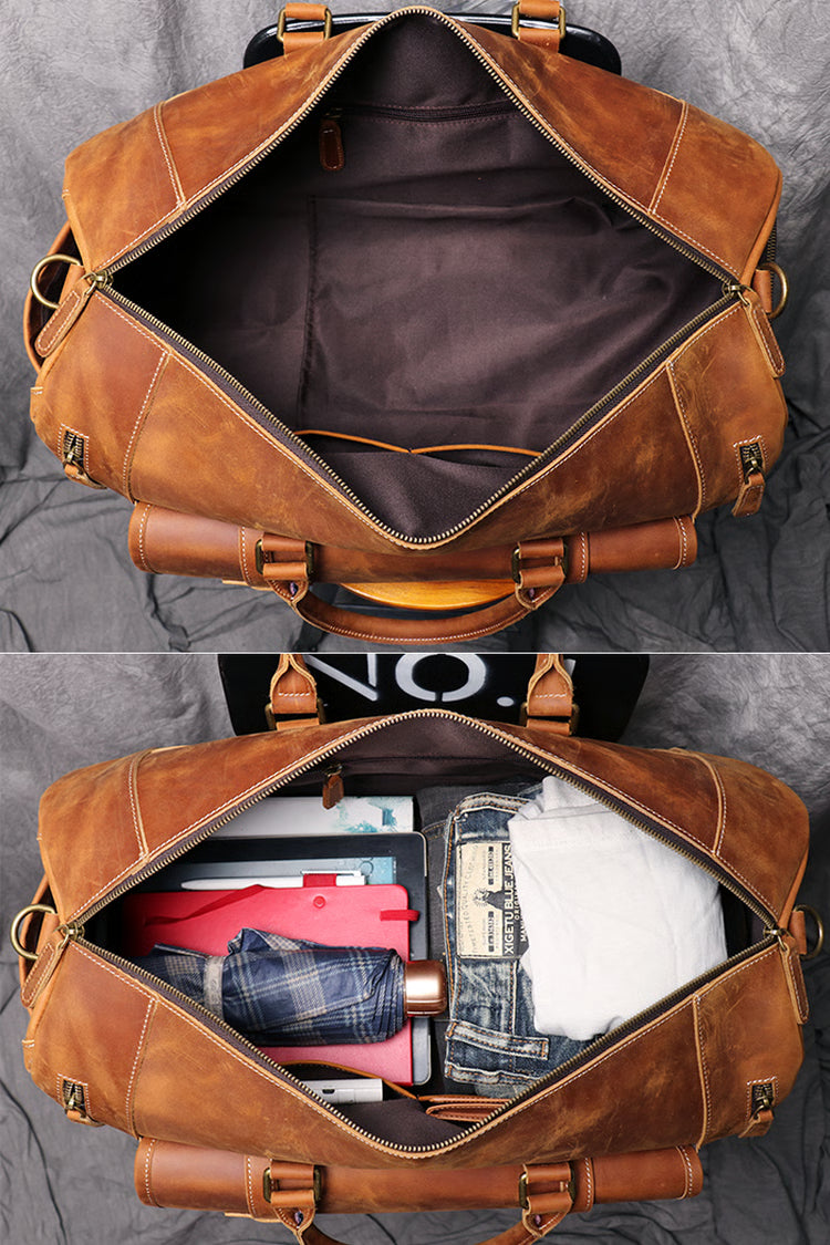 Large Weekend Tote Bag for Men, Vintage Crazy Horse Leather Travel Duffle, Genuine Leather Large Luggage Carry Bag